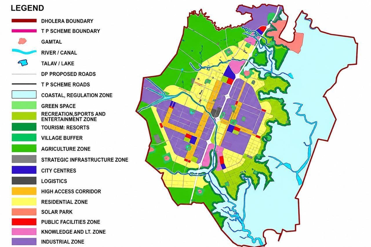 Dholera SIR land use zoning map with legend showing the Dholera boundary, TP scheme boundaries, residential zone, industrial zone, city centres, logistics, high access corridor, knowledge and IT zone, solar park, public facilities, agriculture and green space, rivers and the coastal regulation zone