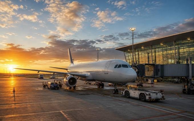 Passenger aircraft parked at a modern airport terminal at sunset with jet bridge and ground vehicles, representing Dholera International Airport under construction about 22 km from the plots