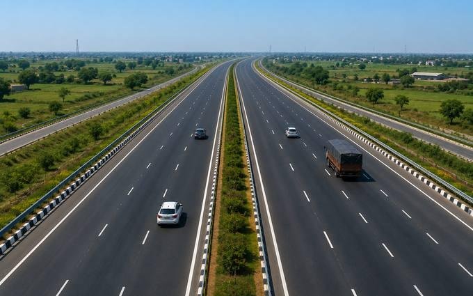 Aerial view of a six-lane divided expressway with a landscaped central median running through open countryside, representing the 109 km Ahmedabad to Dholera Expressway