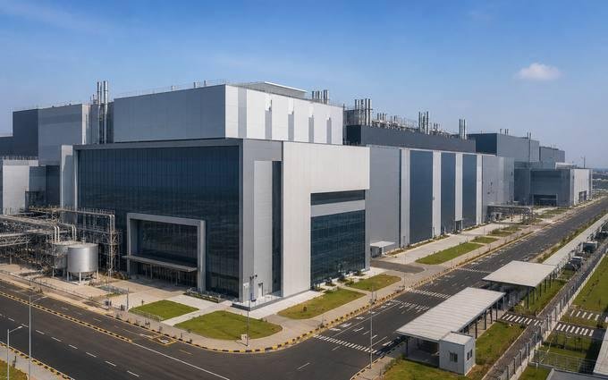 Large modern semiconductor fabrication plant with clean-room buildings and process piping beside a new access road, representing the Tata semiconductor fab being built in Dholera
