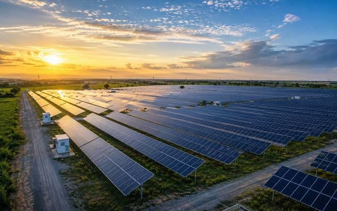 Aerial view of a large solar farm at sunset with long rows of photovoltaic panels, representing the 4,400 MW ultra-mega solar park sanctioned for Dholera